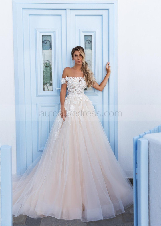 Off Shoulder Beaded Ivory Lace Tulle Wedding Dress